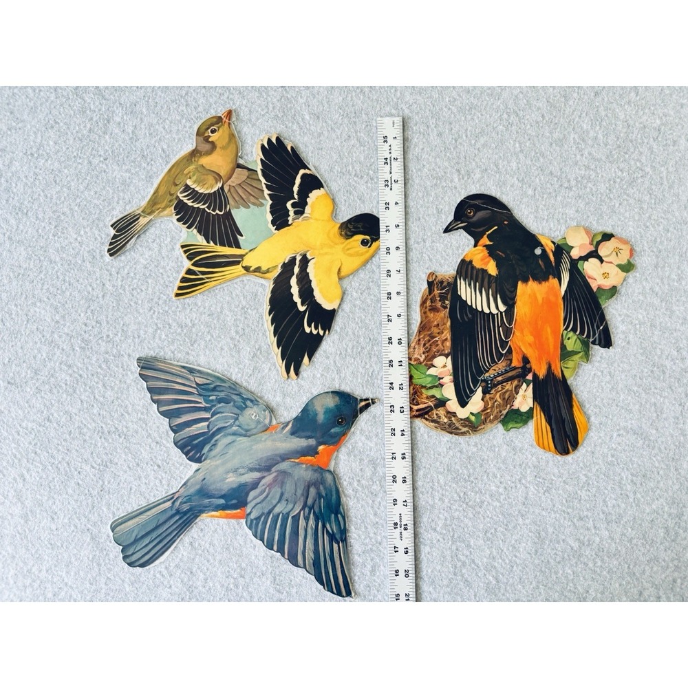Lot of 3 Vintage Dennison Colorful Bird 1950's Die-Cut Decorations Laminated - Picture 6 of 9